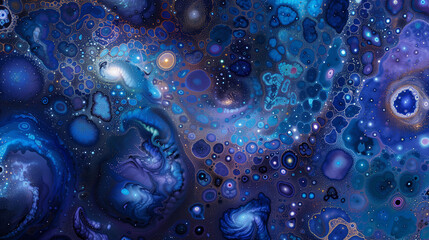 A cosmic scene filled with swirling blue and violet galaxies, dotted with stars and celestial...