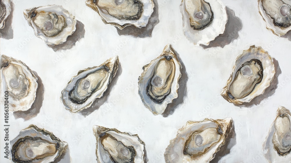Poster clean white canvas displaying a variety of oysters, emphasizing their freshness and the distinct fea