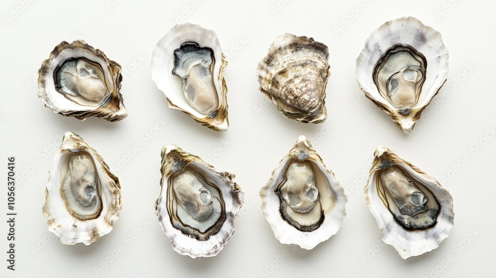 Poster clean white canvas displaying a variety of oysters, emphasizing their freshness and the distinct fea