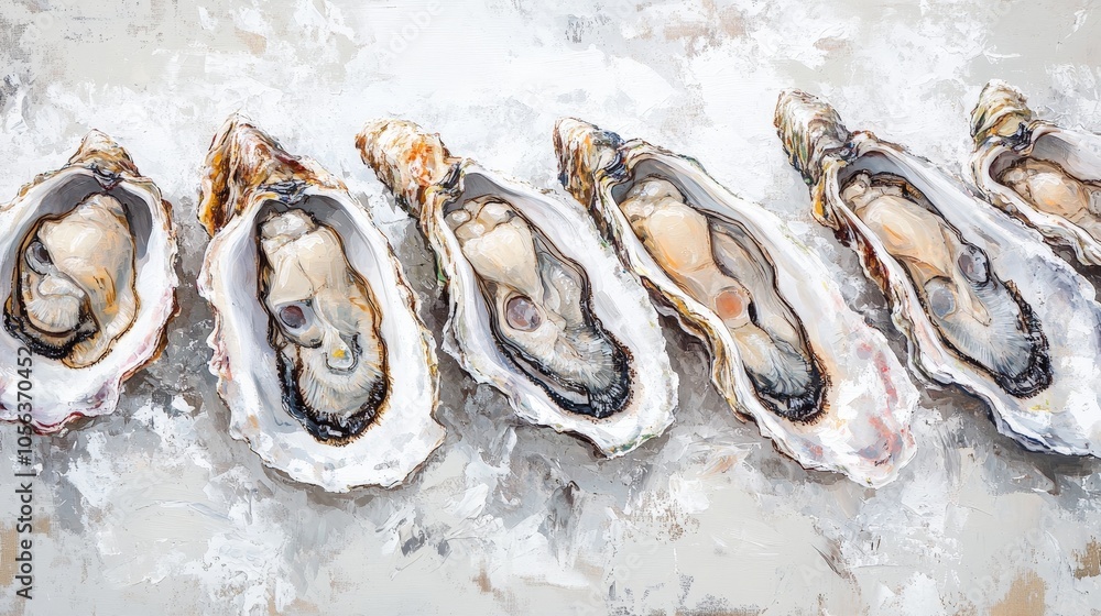 Poster clean white canvas displaying a variety of oysters, emphasizing their freshness and the distinct fea