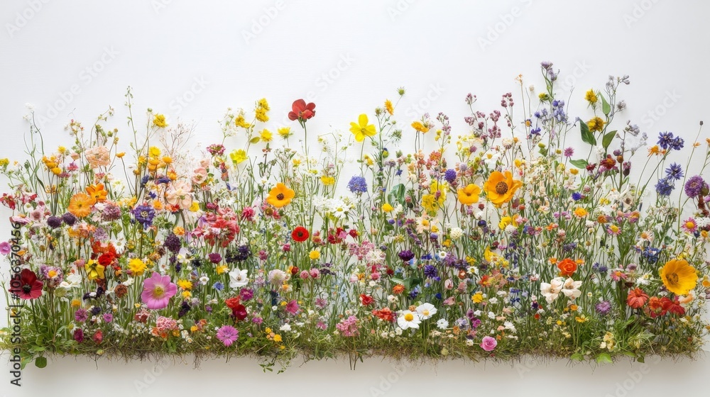 Poster clean white canvas displaying a vibrant array of wildflowers in full bloom, capturing the rich color