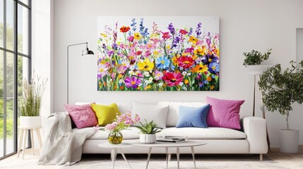 Clean white canvas displaying a vibrant array of wildflowers in full bloom, capturing the rich colors and lively nature of the floral display