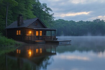 Obraz premium A cozy cabin sits on the edge of a misty lake at dusk. The cabin has a porch, a dock, and a light on inside. The lake is calm and the sky is cloudy.