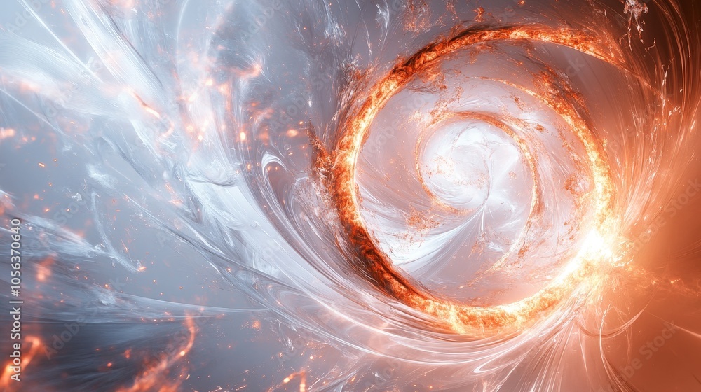 Poster clean white canvas displaying an intense circular energy with fiery patterns and radiant lines, crea