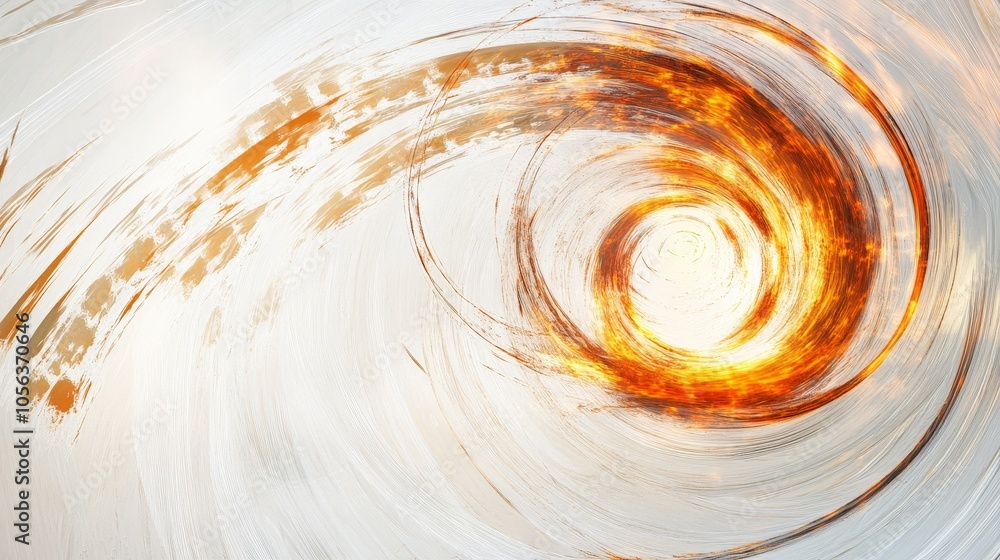 Poster clean white canvas displaying an intense circular energy with fiery patterns and radiant lines, crea