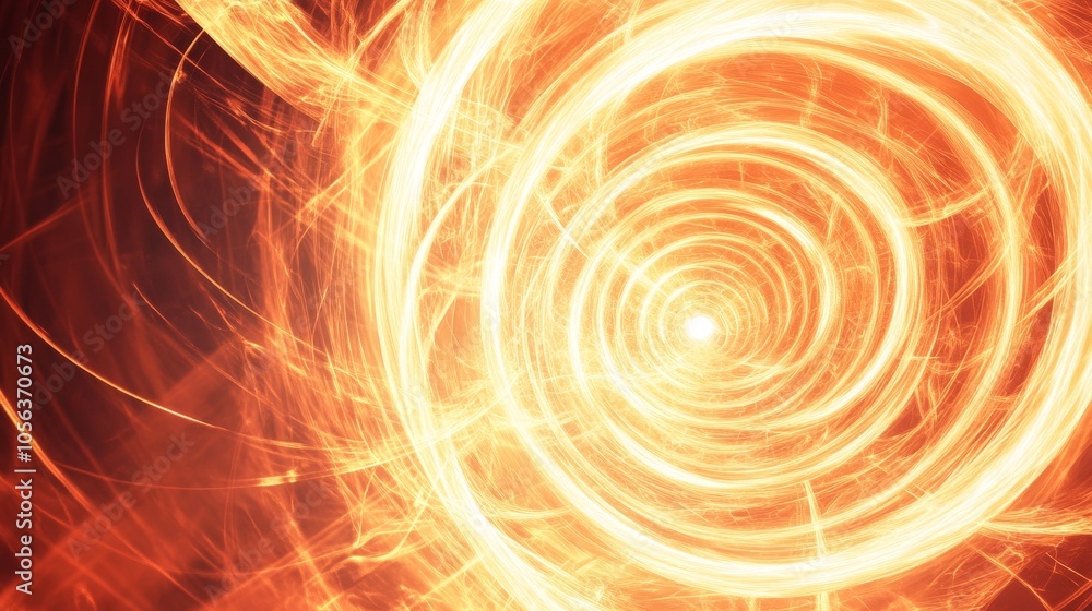 Poster clean white canvas displaying an intense circular energy with fiery patterns and radiant lines, crea