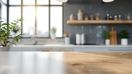 Blurred background of modern kitchen for placing product on tablet top