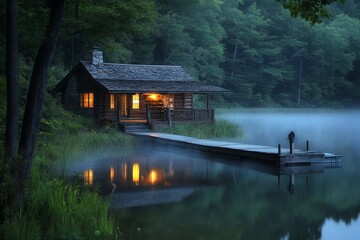Fototapeta premium A cozy cabin sits on a tranquil lake, surrounded by lush forest. The lake is covered in a soft mist and the cabin is lit up from within.