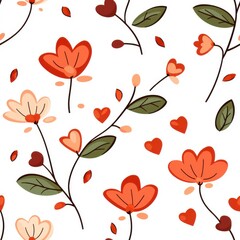 Charming Floral Pattern with Heart Accents on a Crisp White Background, Featuring Soft Red and Peach Flowers, Green Leaves, and Delicate Stems, Digital Illustration Style