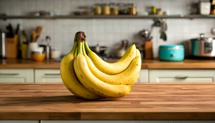 Vibrant yellow banana poised on rustic wooden counter, inviting enjoyment as a healthy snack option.