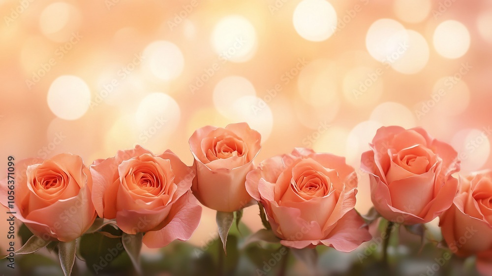 Poster a row of delicate peach roses with a bokeh background.
