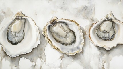 Clean white canvas featuring a close-up of oysters, focusing on their fresh appearance and the natural attributes of these seafood invertebrates