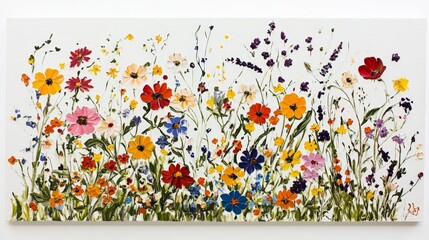 Clean white canvas featuring a collection of colorful wildflowers in full bloom, capturing the cheerful and varied colors of petals in a vibrant scene
