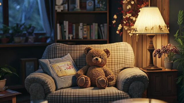 A plush teddy bear sits in a comfy armchair by a lamp, creating a cozy atmosphere in the living room