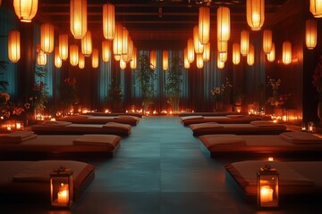Tranquil Thai Massage Room: Soft Candlelight and Lanterns Illuminate Comfortable Mats for Relaxation.