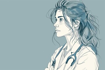 Female Doctor Profile Portrait  Healthcare Worker  Stethoscope  Medical Illustration  Blue Background