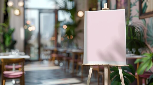 Soft Pink Easel Against Blurred Restaurant Backdrop for Adding Content.