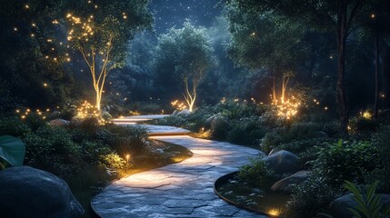 A winding stone path illuminated by fireflies leads through a lush, enchanted forest at night.