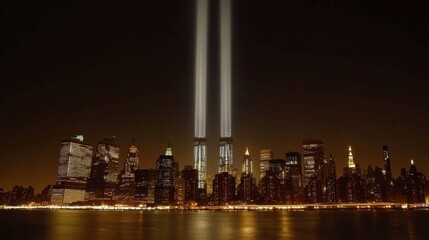 Tribute Lights Over New York City Skyline at Night