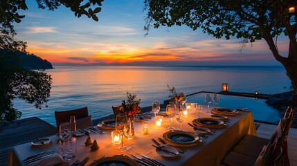 Fototapeta premium Serene Dinner Setting by the Sea at Sunset