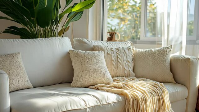 A white couch with decorative pillows sits in a bright living room