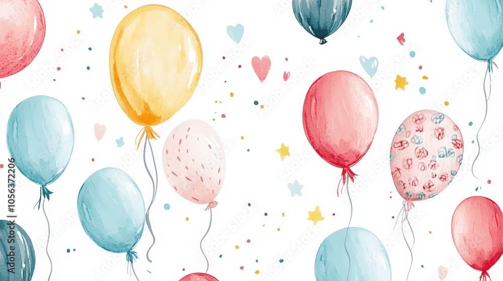 Poster clean white canvas featuring transparent png stickers of floating balloons with charming doodle desi