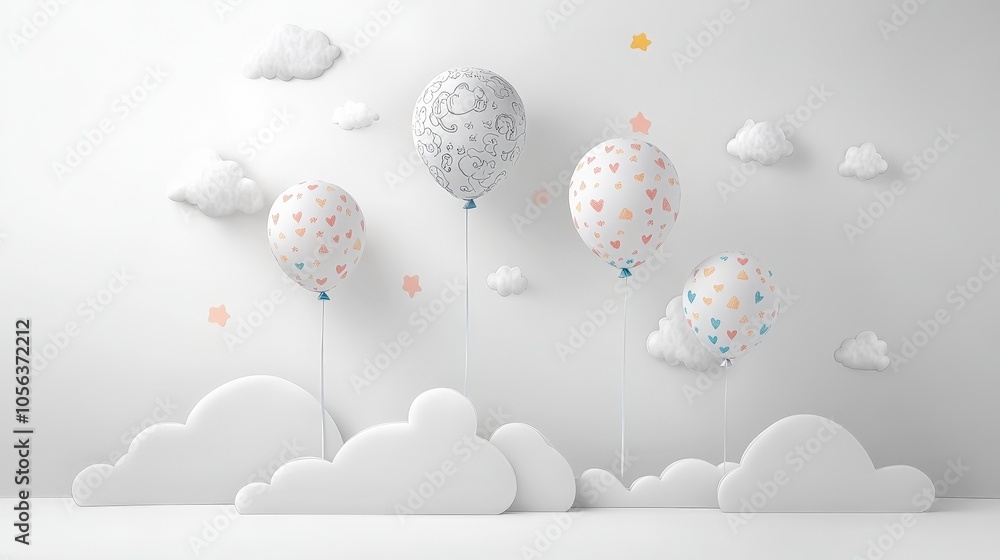 Poster clean white canvas featuring transparent png stickers of floating balloons with charming doodle desi