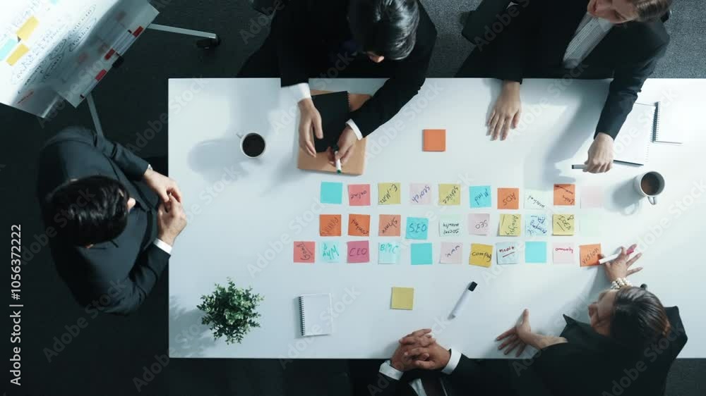 Poster top down aerial view of businessman report sales to project manager while startup team clapping hand