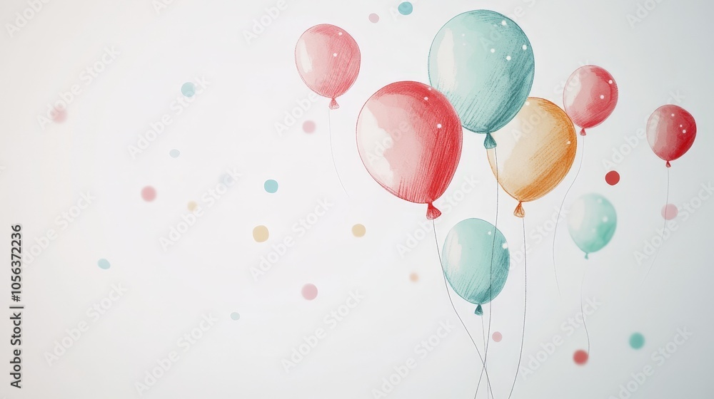 Poster clean white canvas featuring transparent png stickers of floating balloons with charming doodle desi