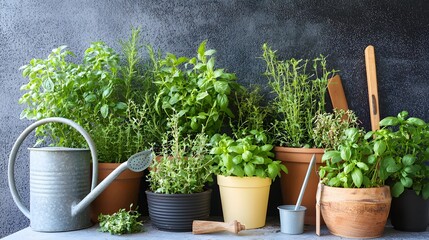 Serene Herb Garden with Potted Plants and Watering Can