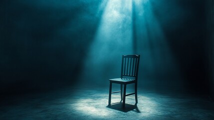 A single wooden chair sits in a spotlight on a dark, smoky stage.
