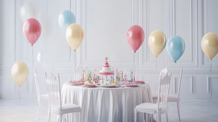 Clean white canvas showcasing a beautifully set birthday table with vibrant balloons and tasteful furniture, creating a joyful and festive atmosphere