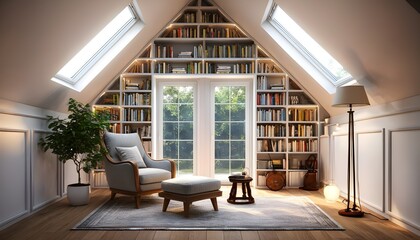 Inviting reading nook with a cozy armchair, surrounded by bookshelves and a warm, bright lamp for relaxation and literary escape