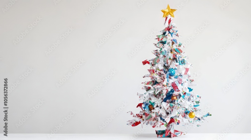 Aufkleber clean white canvas showcasing a christmas tree created from festive wrapping paper, focusing on the 