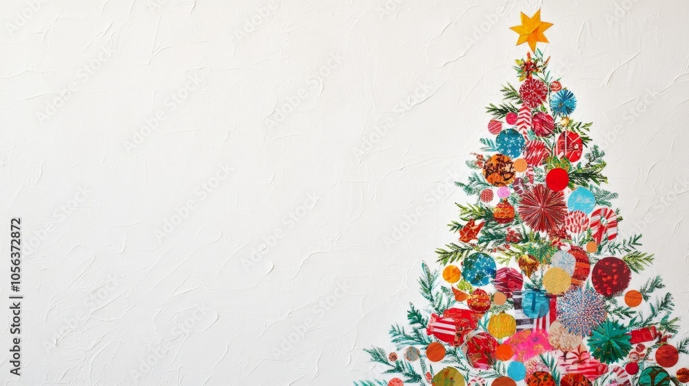 Poster clean white canvas showcasing a christmas tree created from festive wrapping paper, focusing on the 