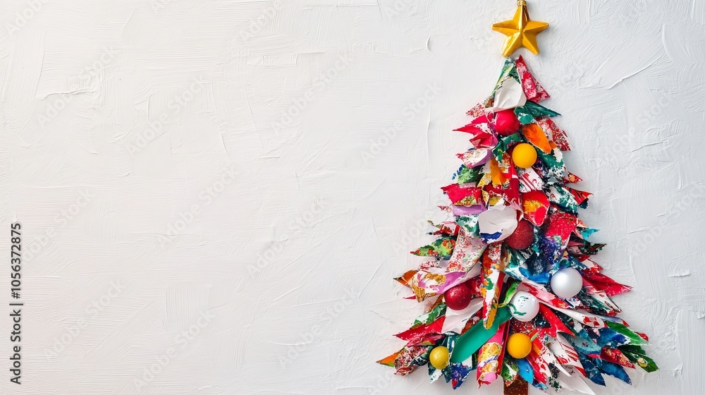Poster clean white canvas showcasing a christmas tree created from festive wrapping paper, focusing on the 