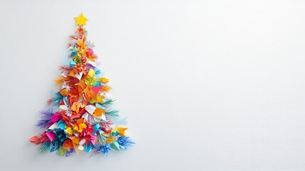 Obraz premium Clean white canvas showcasing a Christmas tree crafted from colorful Christmas paper, emphasizing the intricate design and festive details