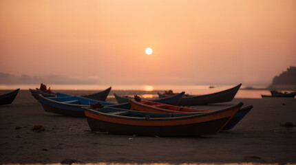 Tranquil Dusk: Exploring a Scenic Landscape of Boats by the Water Under a Beautiful Sunset