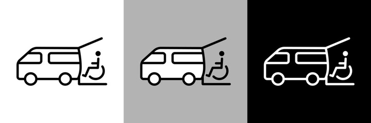 福祉車両と車椅子のイラスト。シンプルな線画のベクターアイコン。