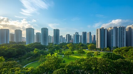 Fototapeta premium Serene City Park View with Towering Buildings