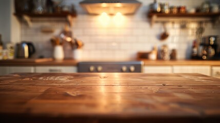 Fototapeta premium Blurred kitchen counter with wooden table surface.
