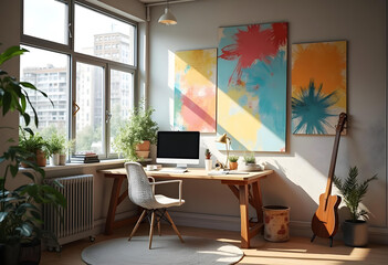 bright and inviting home office featuring wooden desk, computer, and colorful wall art. Natural light streams through large windows, enhancing cozy atmosphere with plants and guitar
