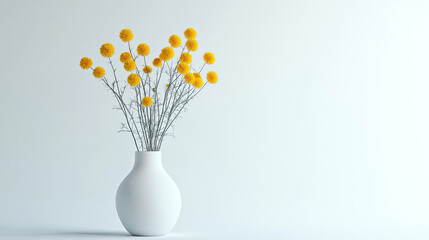 There is a bundle of yellow flowers inserted into the porcelain vase by the wall