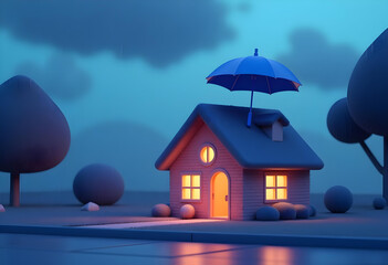 charming animated house with gabled roof and umbrella, glowing warmly in evening light. scene features stylized trees and serene atmosphere