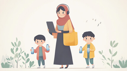 Obraz premium An Arab woman with two children and a suitcase went out