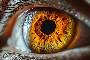 Close-up macro shot of a human eye with a yellow iris and black pupil.