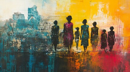 Silhouettes of Women Walking in a Cityscape - Abstract Painting