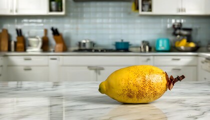 Vibrant lemon resting on a pristine kitchen counter, perfect for culinary uses and garnishes