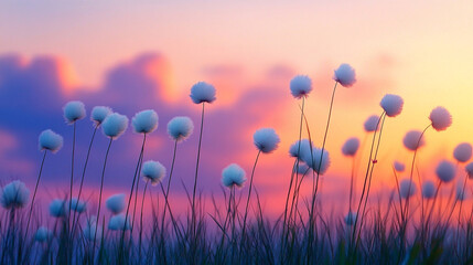 Naklejka premium beautiful natural cotton grass with sunset background.ai generative