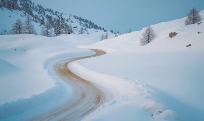 A snow covered road with a curve in it